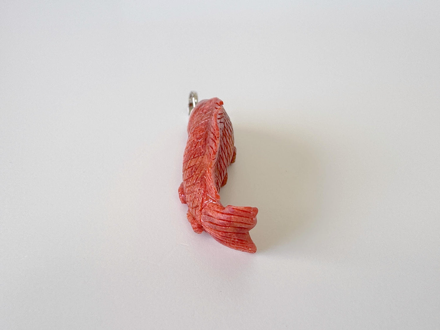 Natural Sponge Coral Carp Carving Pendant, 40mm, Apple Coral Fish Carving, Silver Bail (Rhodium plated)