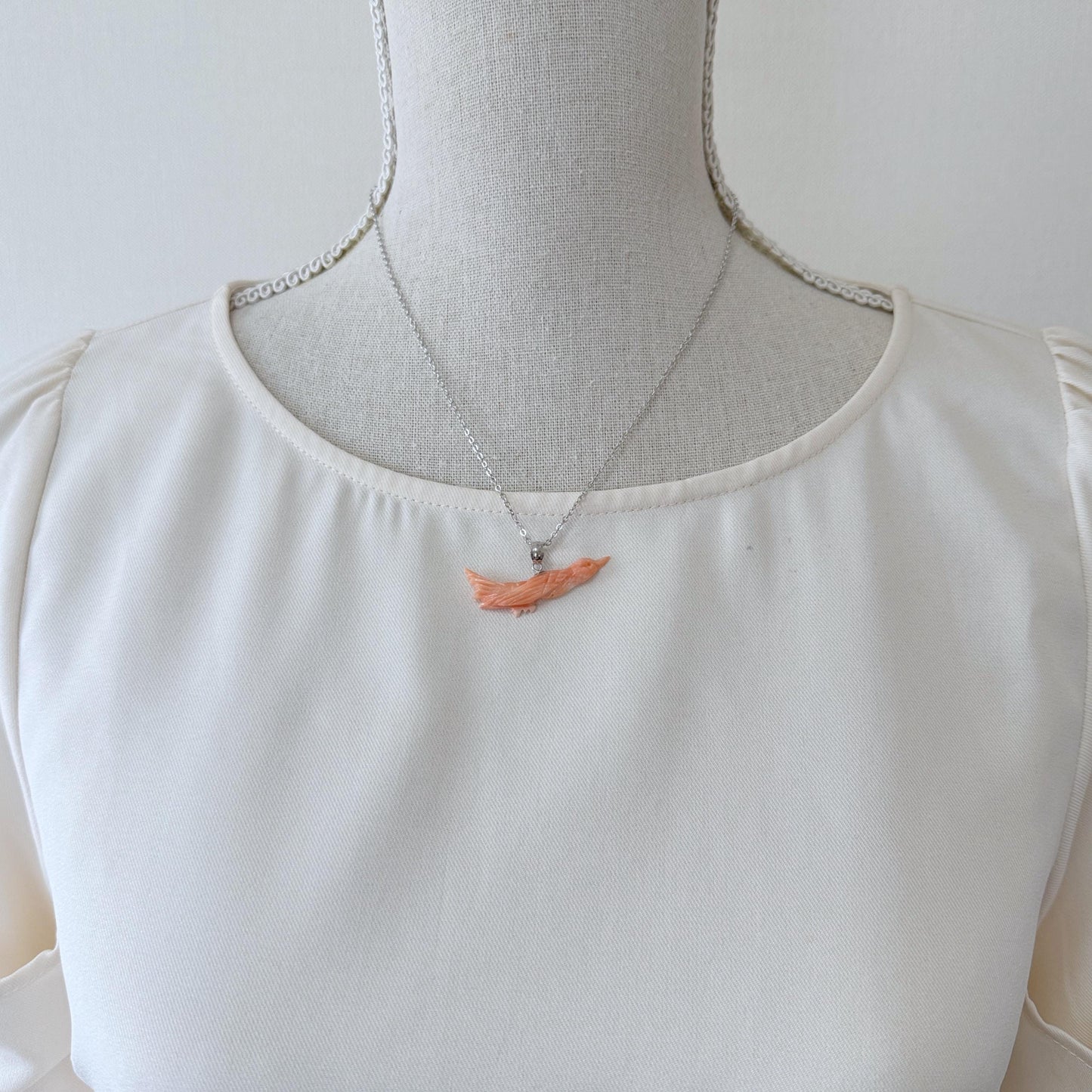 Natural Deep Sea Coral Bird Carving Pendant, Natural Pink Color Coral, Silver (Rhodium-plated) Bail, Hand Carved