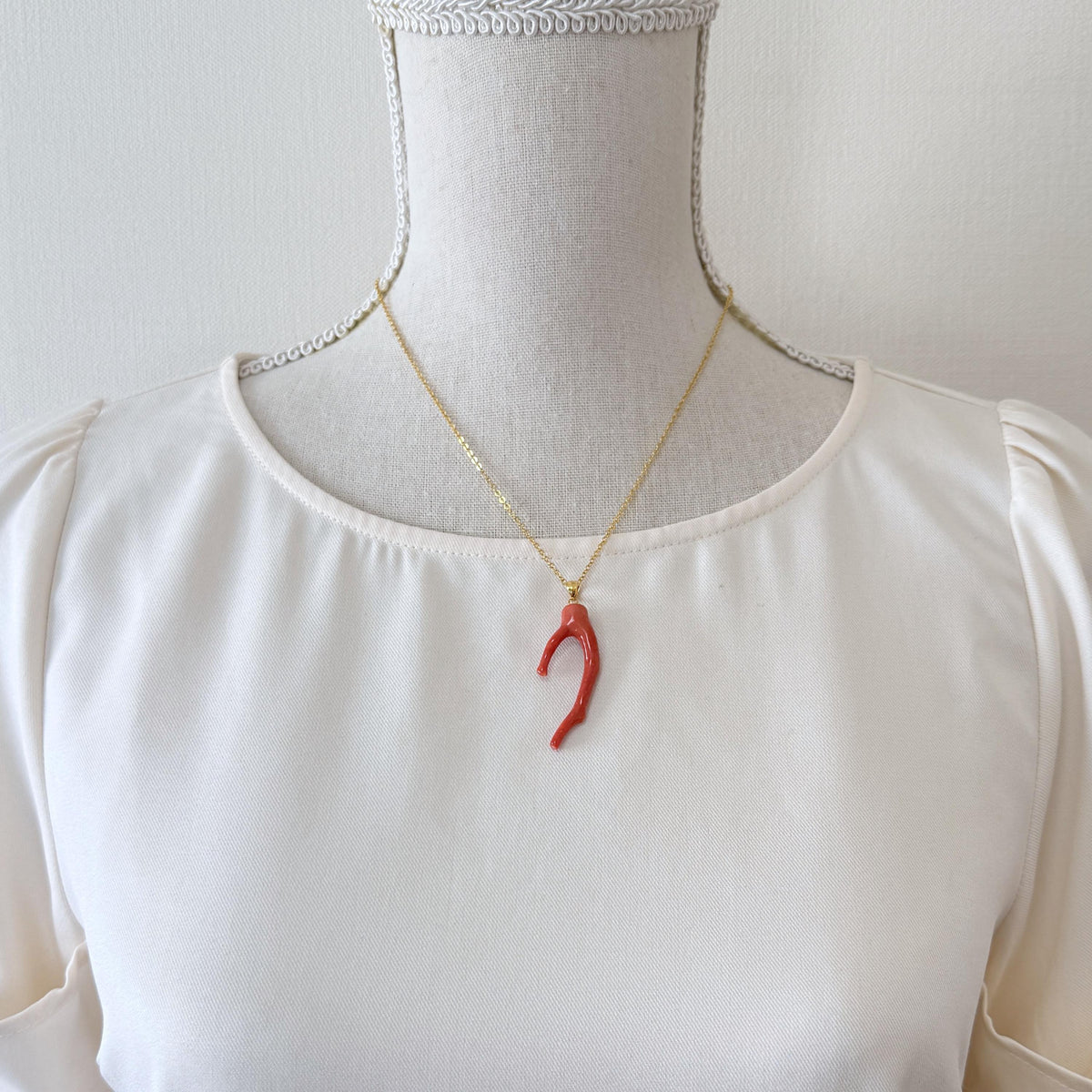 Momo Coral Branch Pendant Natural Jewelry: Vermilion Orange Japanese Coral (42mm, Silver Gold-Plated Bail, Lightweight)