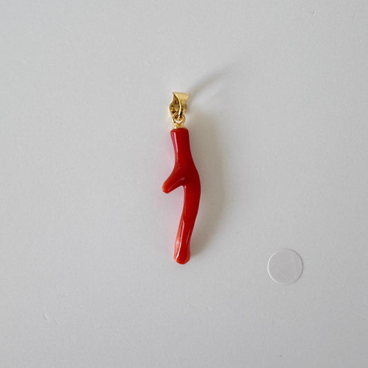 Natural Red (Aka) Coral Branch Pendant, Natural Color Japanese Coral, Length 30mm, Silver bail (gold plated)
