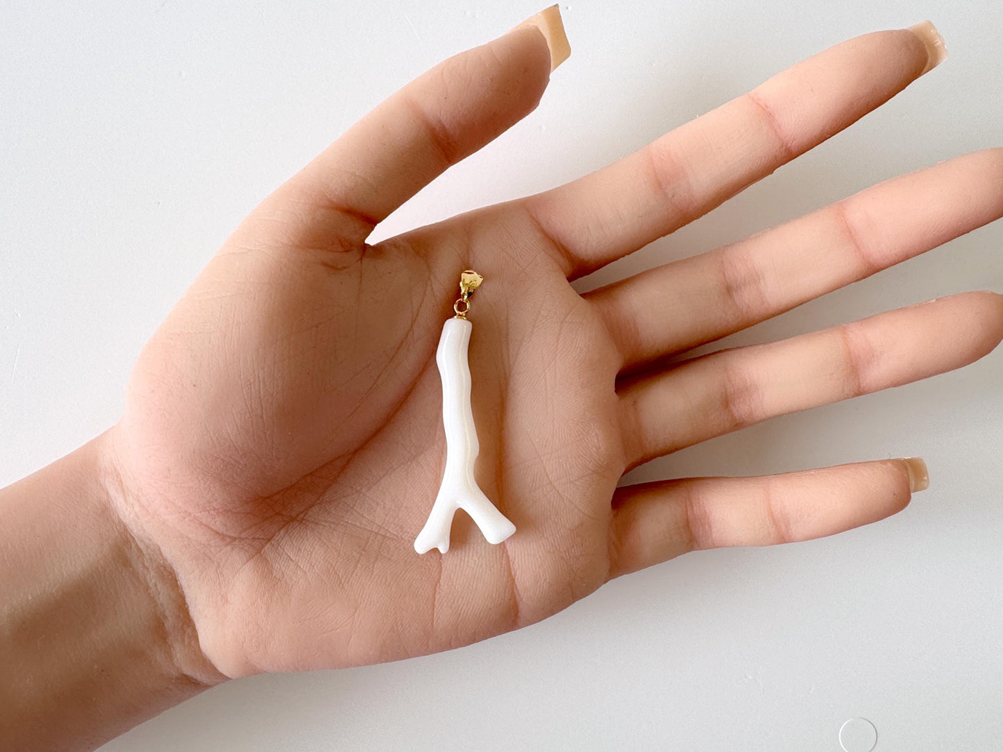 Natural Japanese White Coral Branch Pendant, 40mm, Natural White color genuine precious coral, Silver Bail (Gold-Plated)