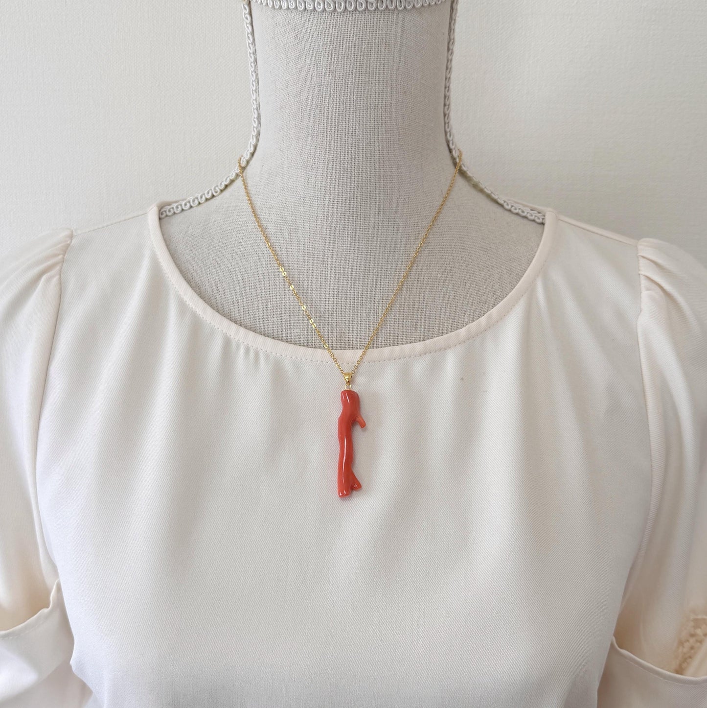 Momo Coral Branch Pendant: Natural Japanese Orange Coral Jewelry (48mm Length, Silver Gold-Plated Bail)