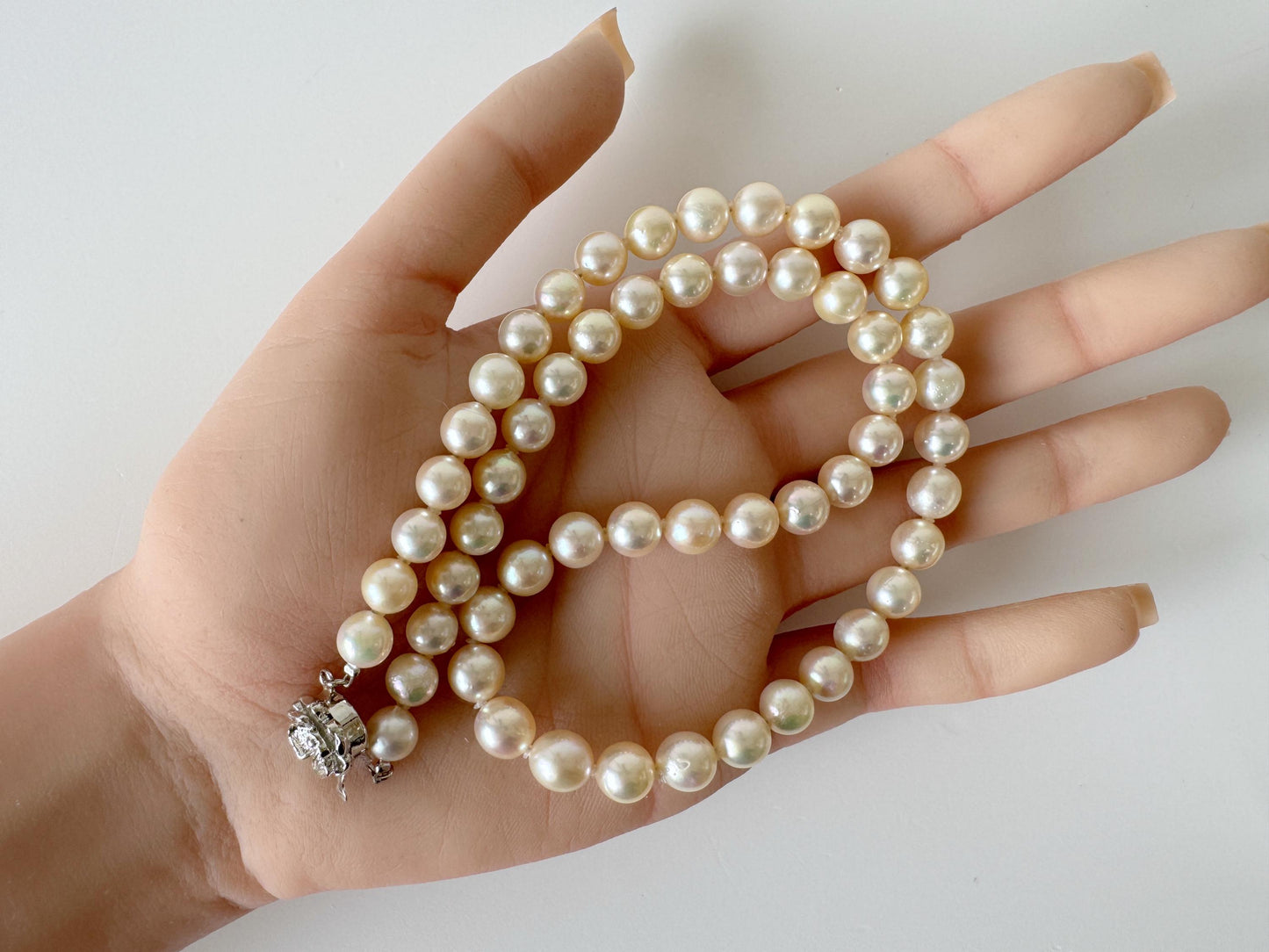 Necklace, 7-7.9mm Japanese Cream White Akoya Pearl Necklace with Silver Clasp, Genuine Akoya Pearl, 45cm, 17.7in, Cultured Salt water pearl