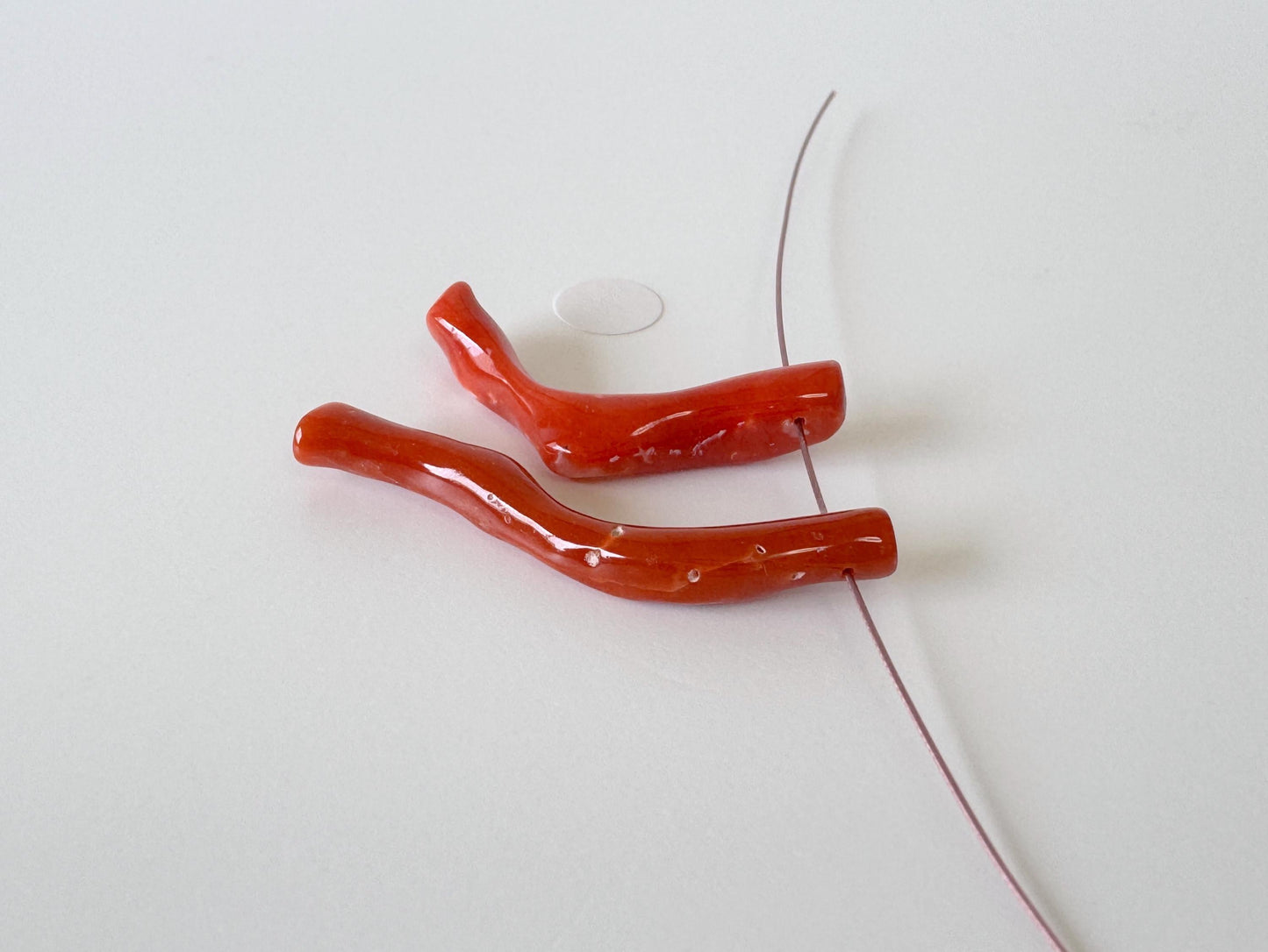 Japanese red(Aka) coral branch set for 2pcs, 28-35mm, side full hole, natural red color coral for jewelry making