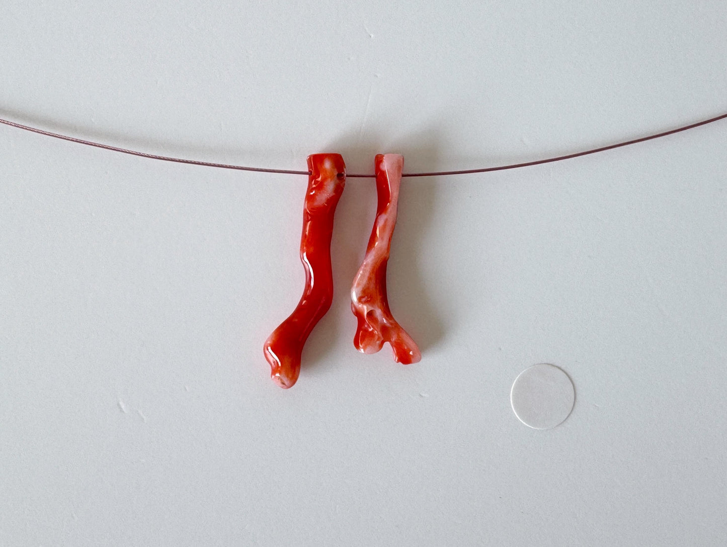 Japanese red(Aka) coral branch set for 2pcs, 25-27mm, side full hole, natural red color coral for jewelry making