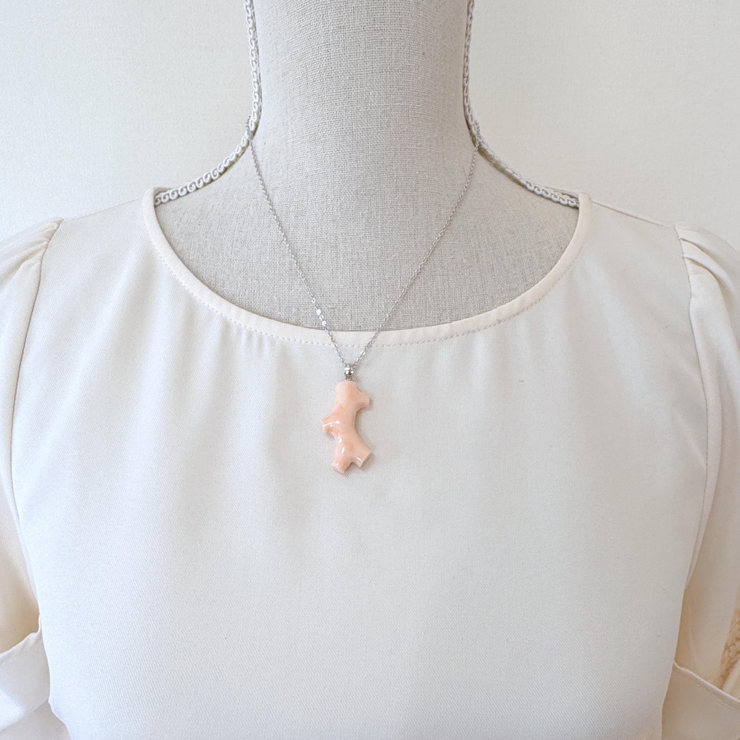 Natural Deep Sea Coral Branch Pendant, 35mm, Natural Pink Angelskin color coral branch pendant, Silver (Rhodium-Plated) bail