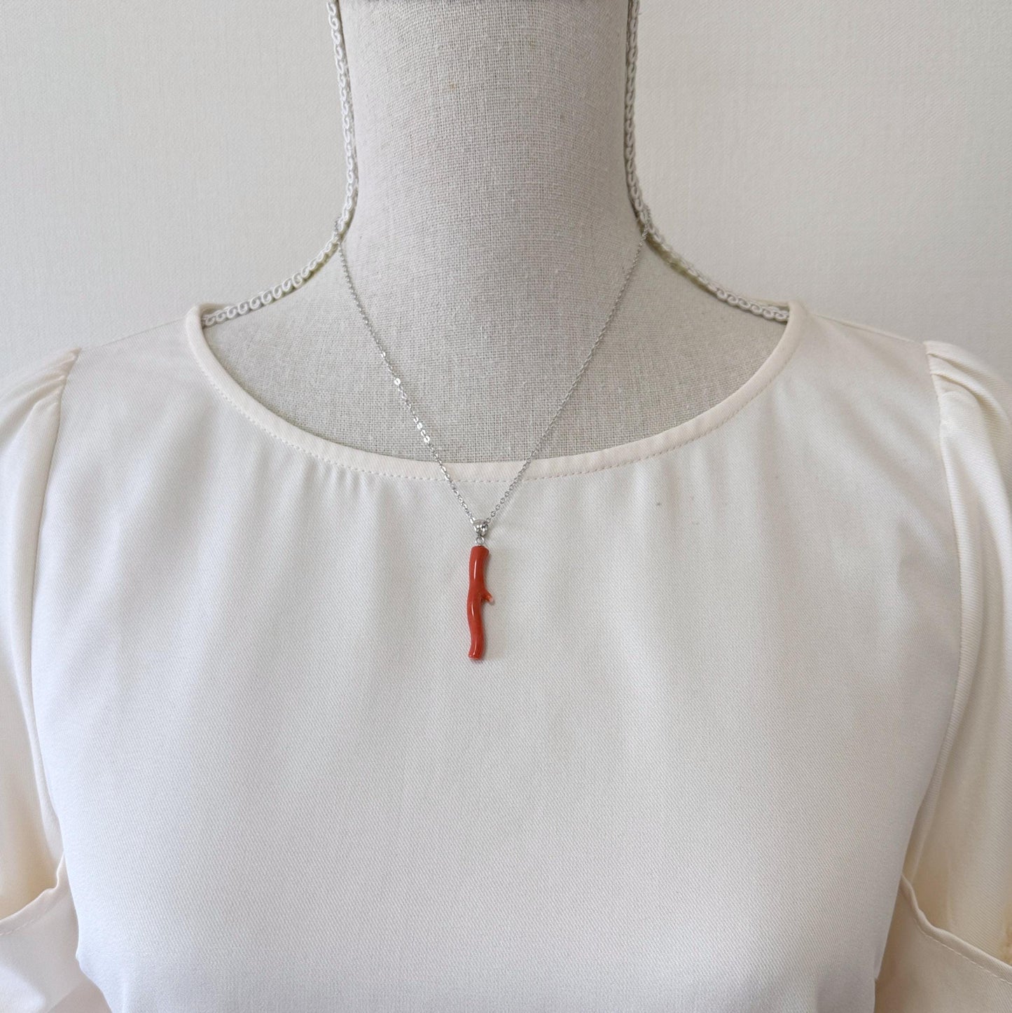 Natural Momo coral branch pendant, 36mm, Natural Japanese Orange color coral branch pendant, Silver (Rhodium-Plated) bail