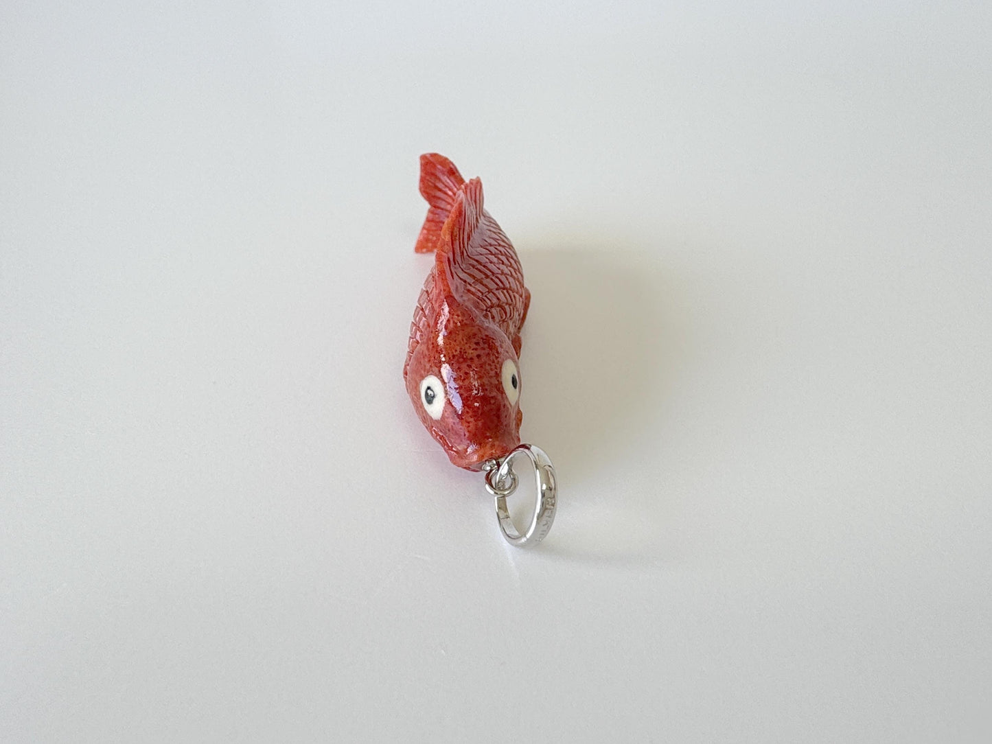 Natural Sponge Coral Carp Carving Pendant, 40mm, Apple Coral Fish Carving, Silver Bail (Rhodium plated)