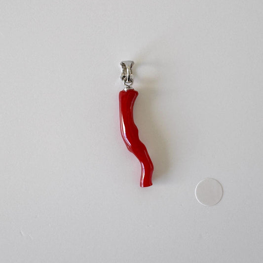 Natural Red (Aka) Coral Branch Pendant, Oxblood, Natural Color Japanese Coral, Length 28mm, Silver bail (rhodium plated)