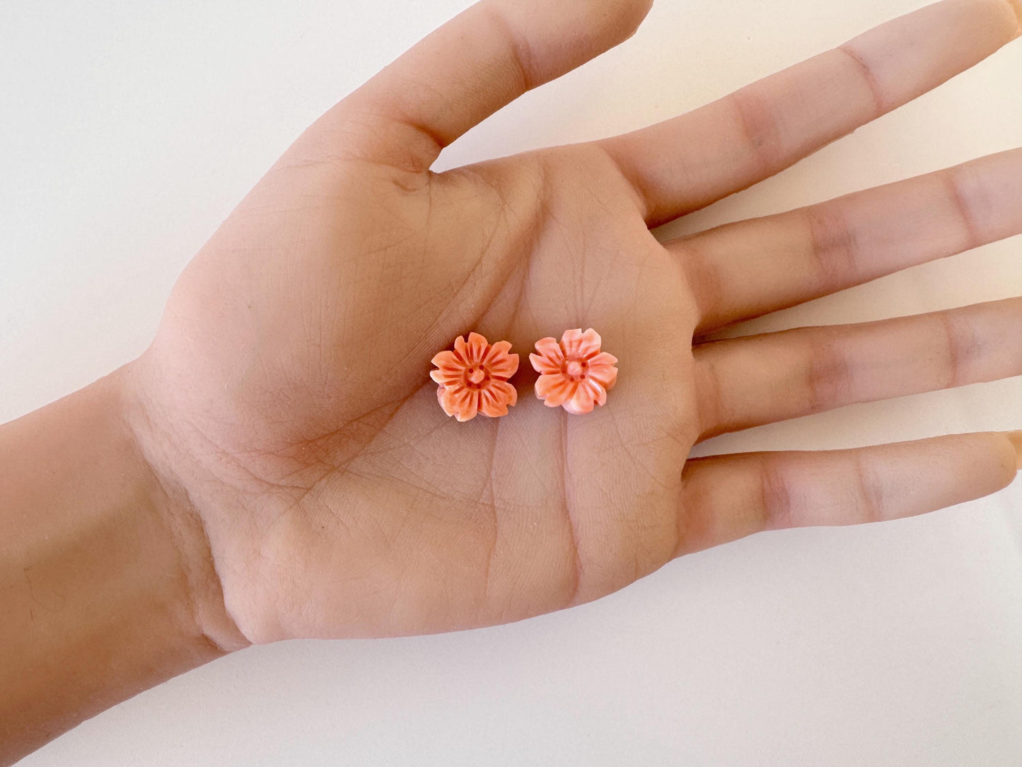 Natural Deep Sea Coral Cherry Blossom Carvings, Pink Orange Sakura Pair 14-15mm