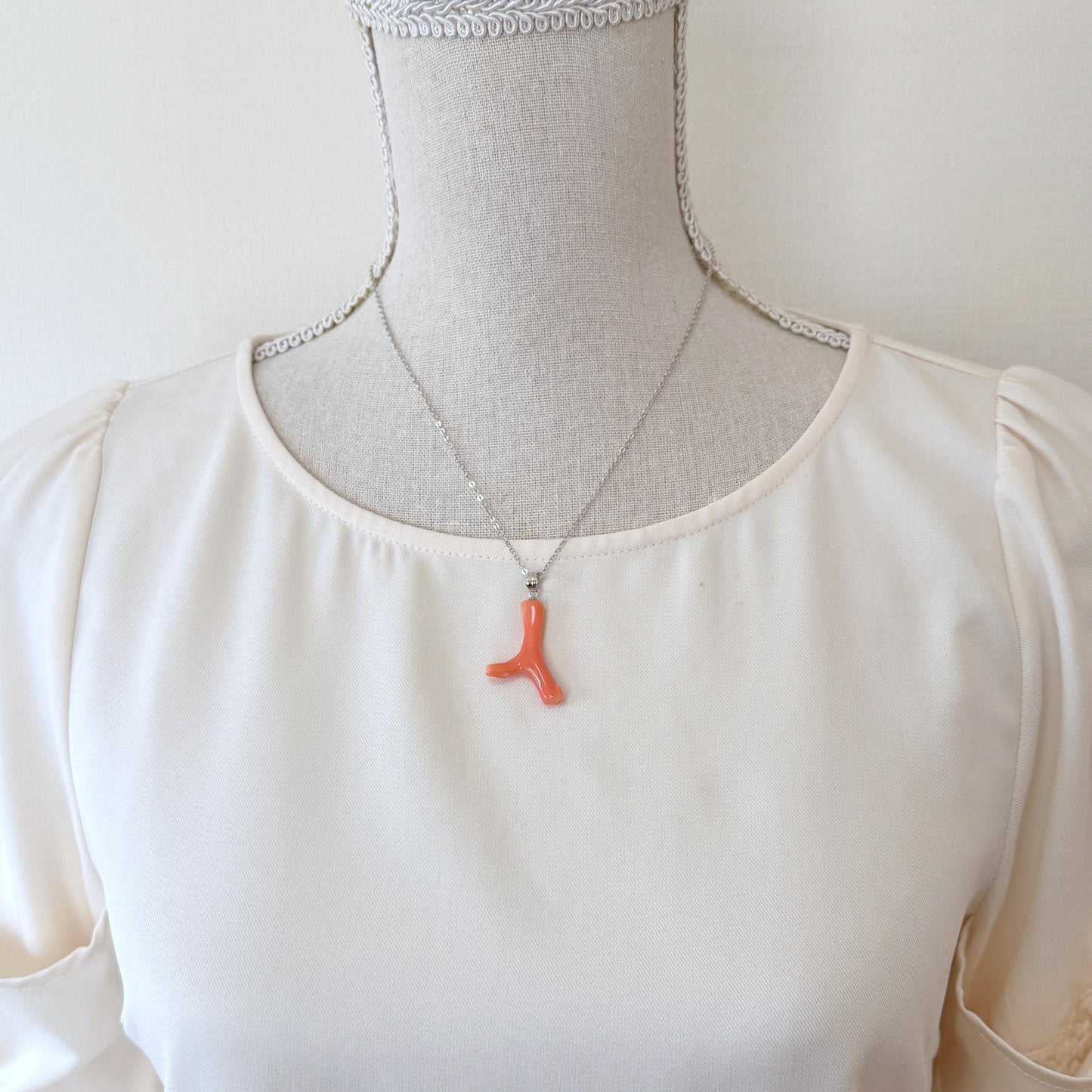 Coral Branch Pendant: Natural Orange Pink Deep Sea Coral, Silver Rhodium-Plated Bail | 32mm, Lightweight Jewelry Accessory