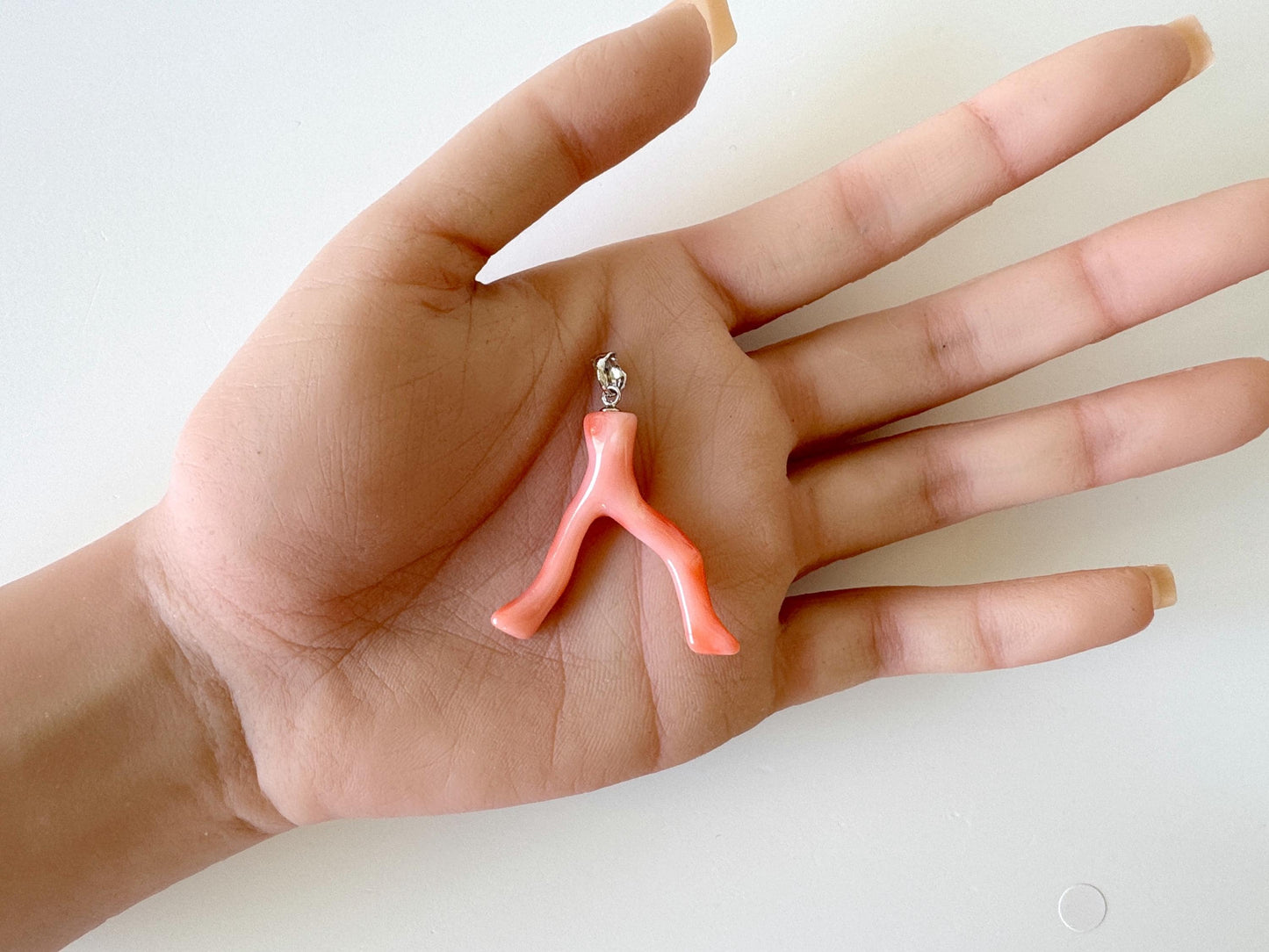 Natural Deep Sea Coral Branch Pendant, 34mm, Natural Pink/Ornge color coral branch pendant, Silver (Rhodium-Plated) bail