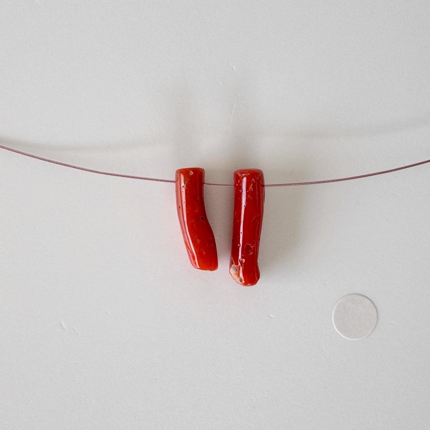 Japanese red(Aka) coral branch set for 2pcs, 18-20mm, side full hole, natural red color coral for jewelry making