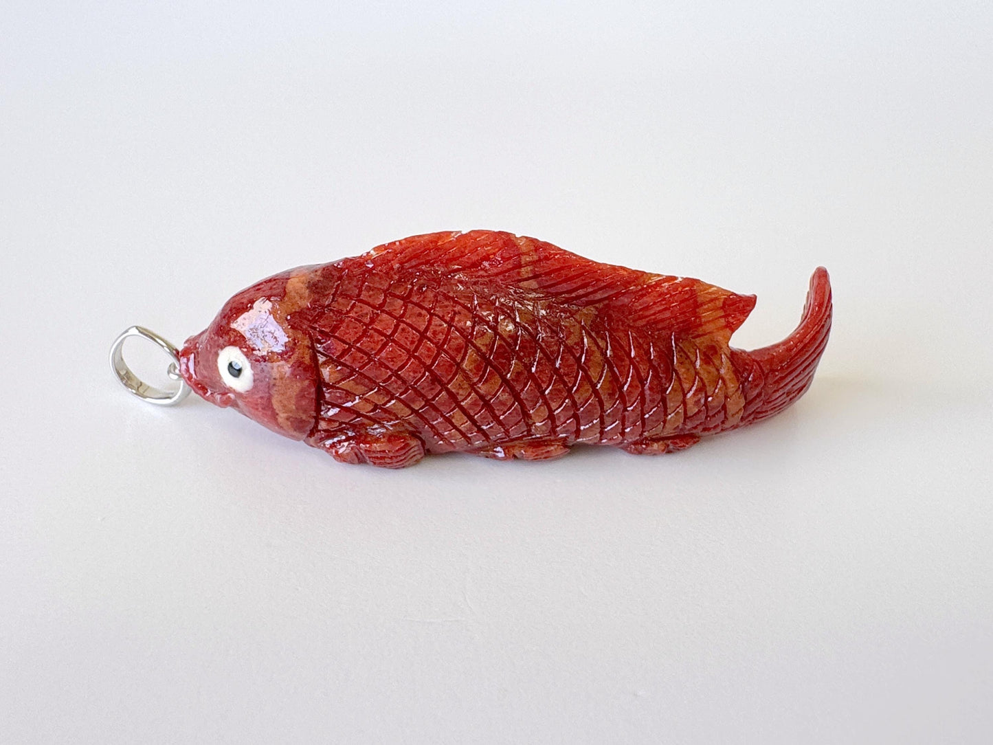 Natural Sponge Coral Carp Carving Pendant, 50mm, Apple Coral Fish Carving, Silver Bail (Rhodium plated)