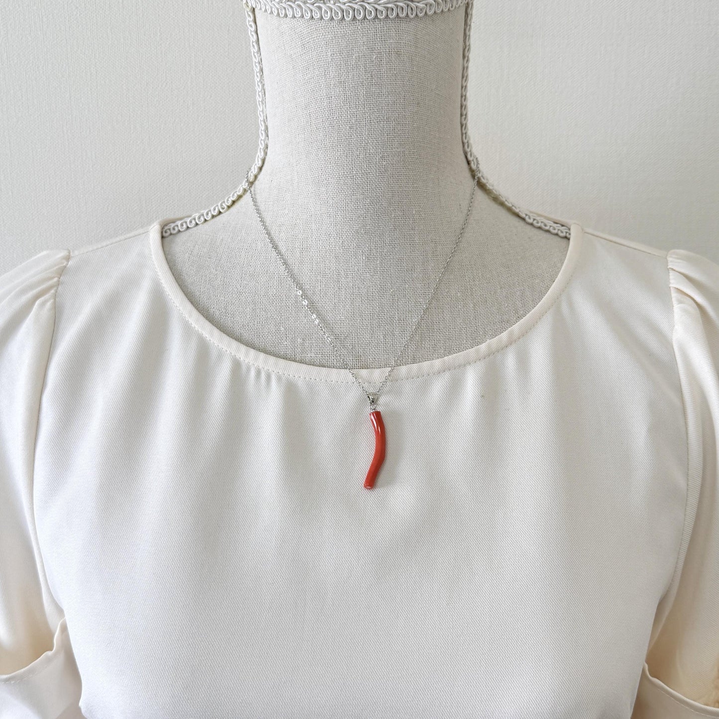 Momo Coral Branch Pendant - Japanese Coral Jewelry - Vermilion Orange, 34mm, Rhodium Silver Bail