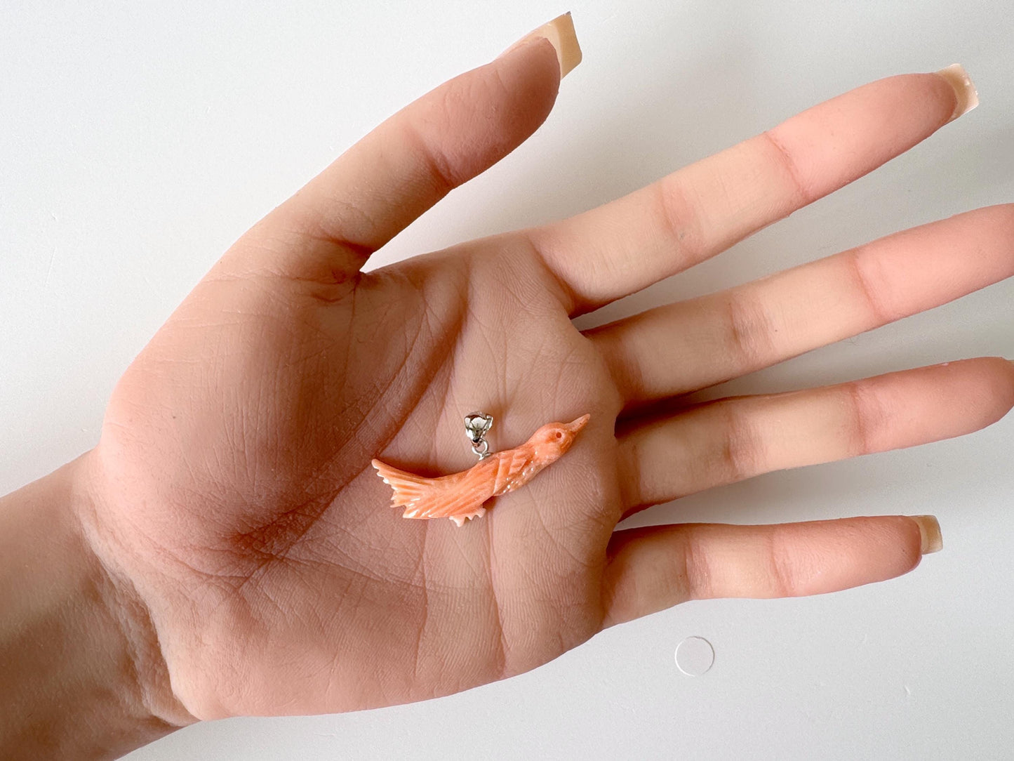 Natural Deep Sea Coral Bird Carving Pendant, Natural Pink Color Coral, Silver (Rhodium-plated) Bail, Hand Carved