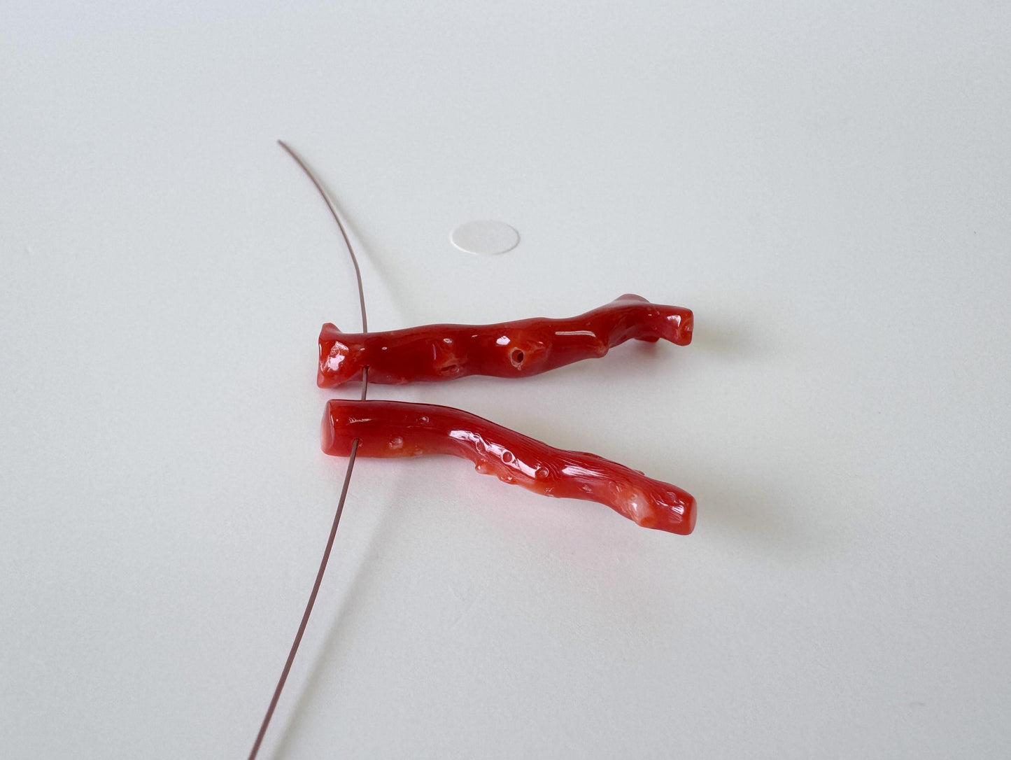 Japanese red(Aka) coral branch set for 2pcs, 30-34mm, side full hole, natural red color coral for jewelry making