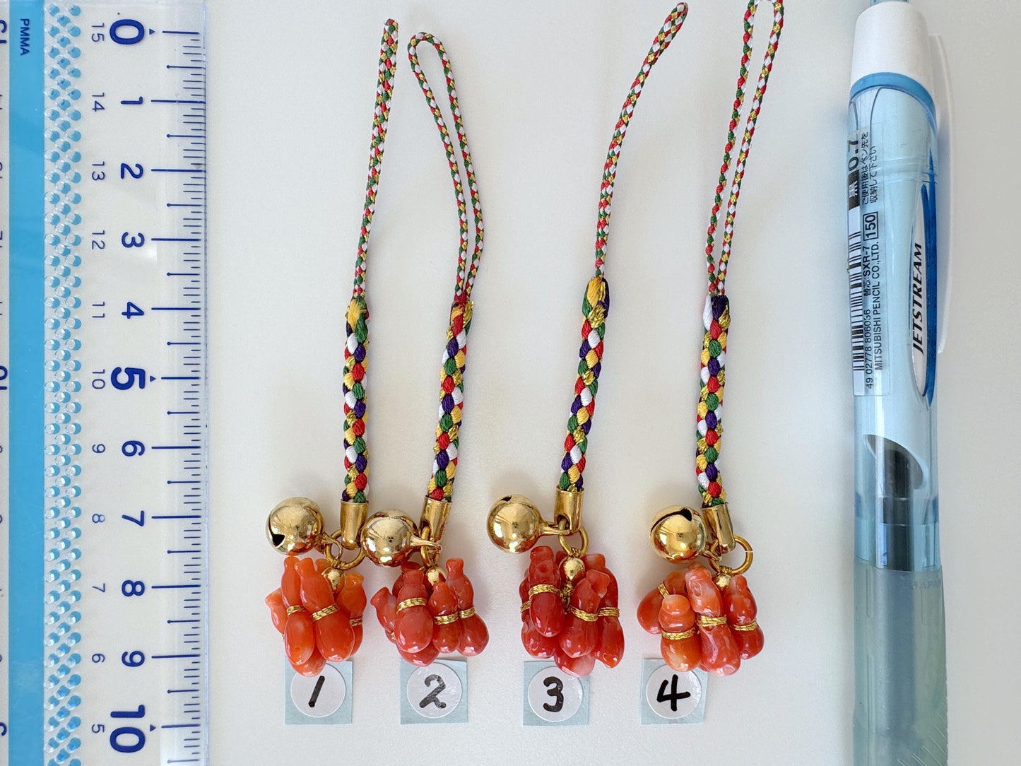 Lucky charm, Natural Aka (red) coral Six Calabash key strap, Netsuke strap, Natural color precious coral