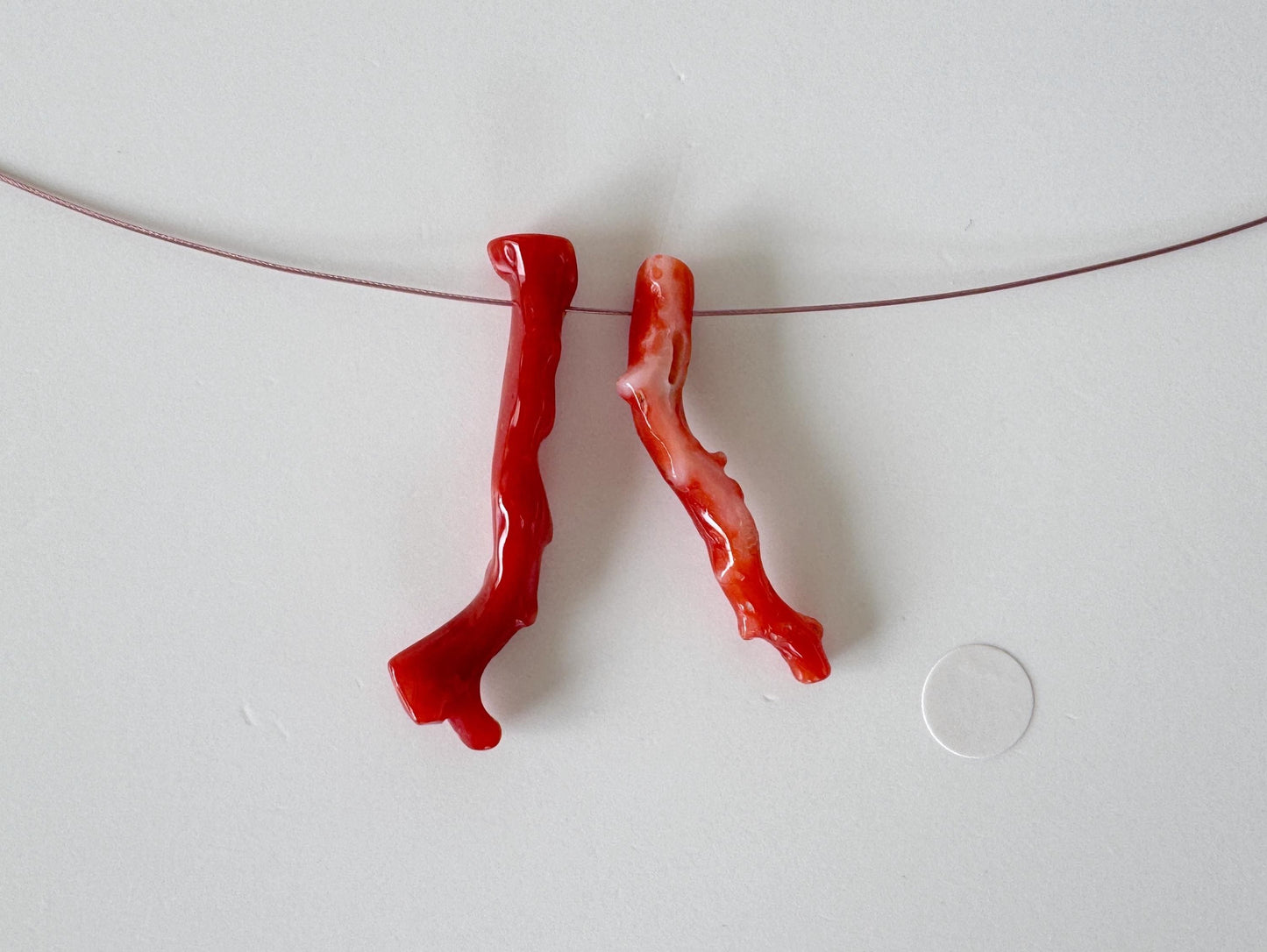Japanese red(Aka) coral branch set for 2pcs, 30-34mm, side full hole, natural red color coral for jewelry making