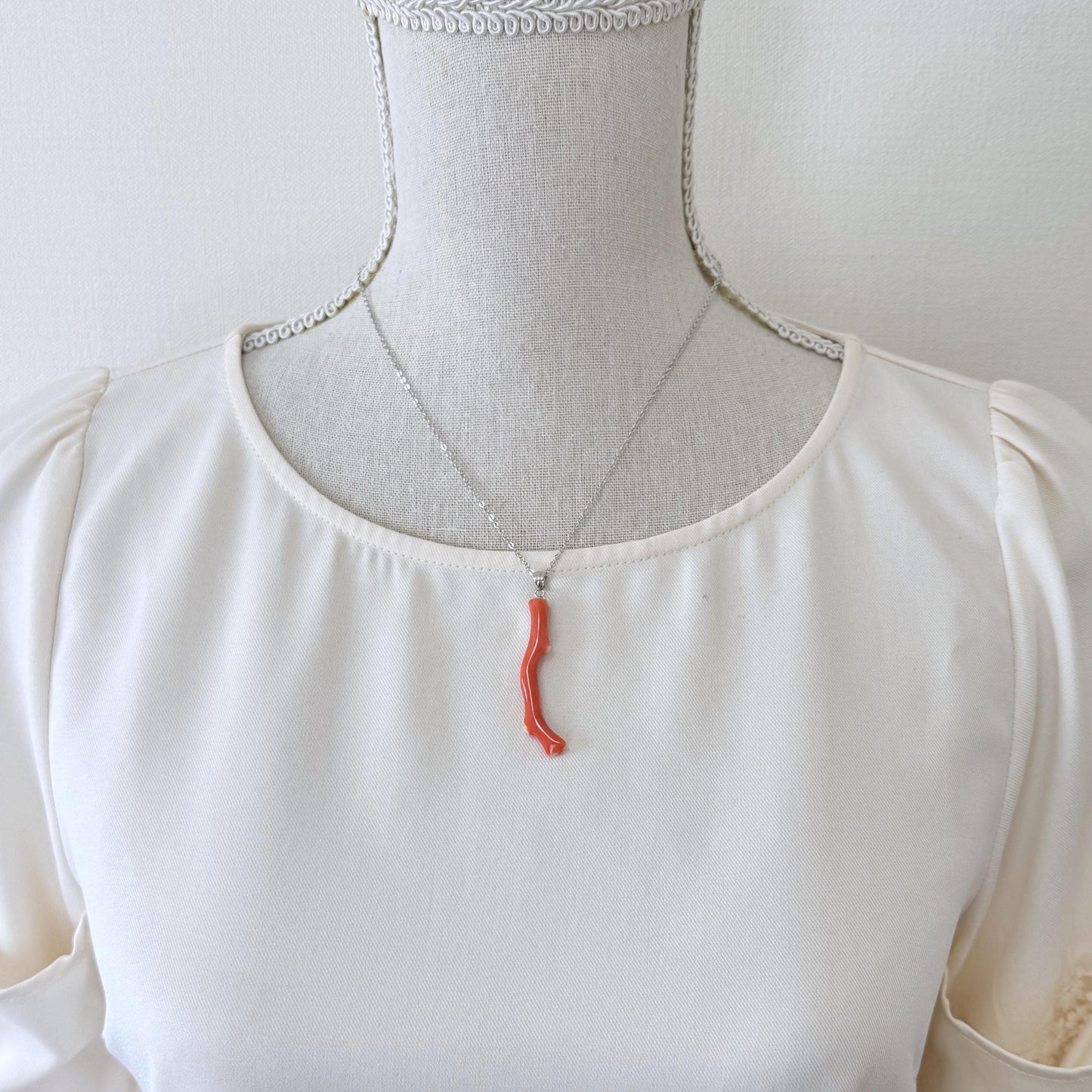 Momo Coral Branch Pendant Natural Jewelry, Japanese Orange Coral (46mm Length, Rhodium-Plated Silver Bail)