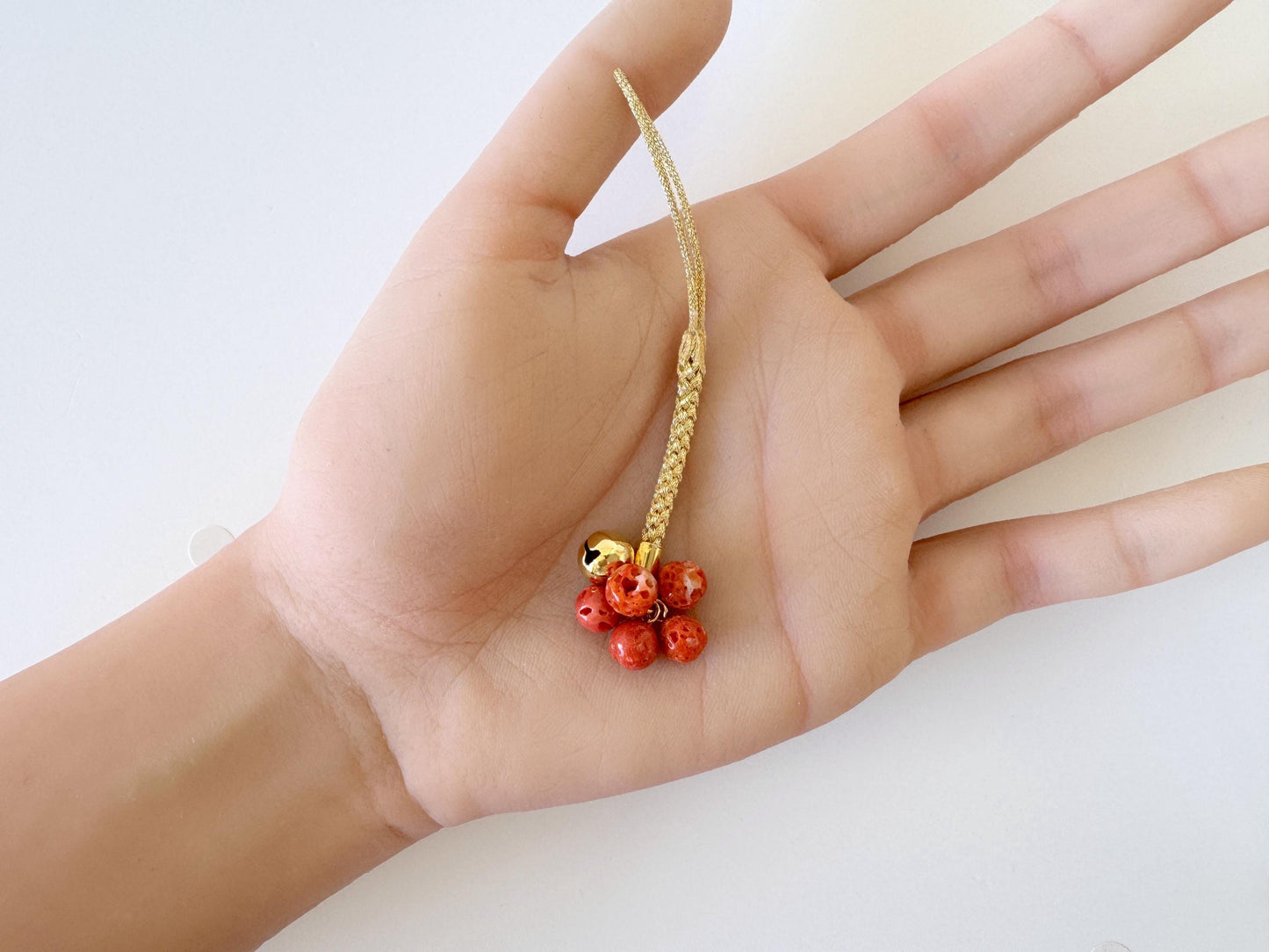 Lucky charm, Natural Aka (red) coral key strap, Netsuke strap, Natural color precious coral