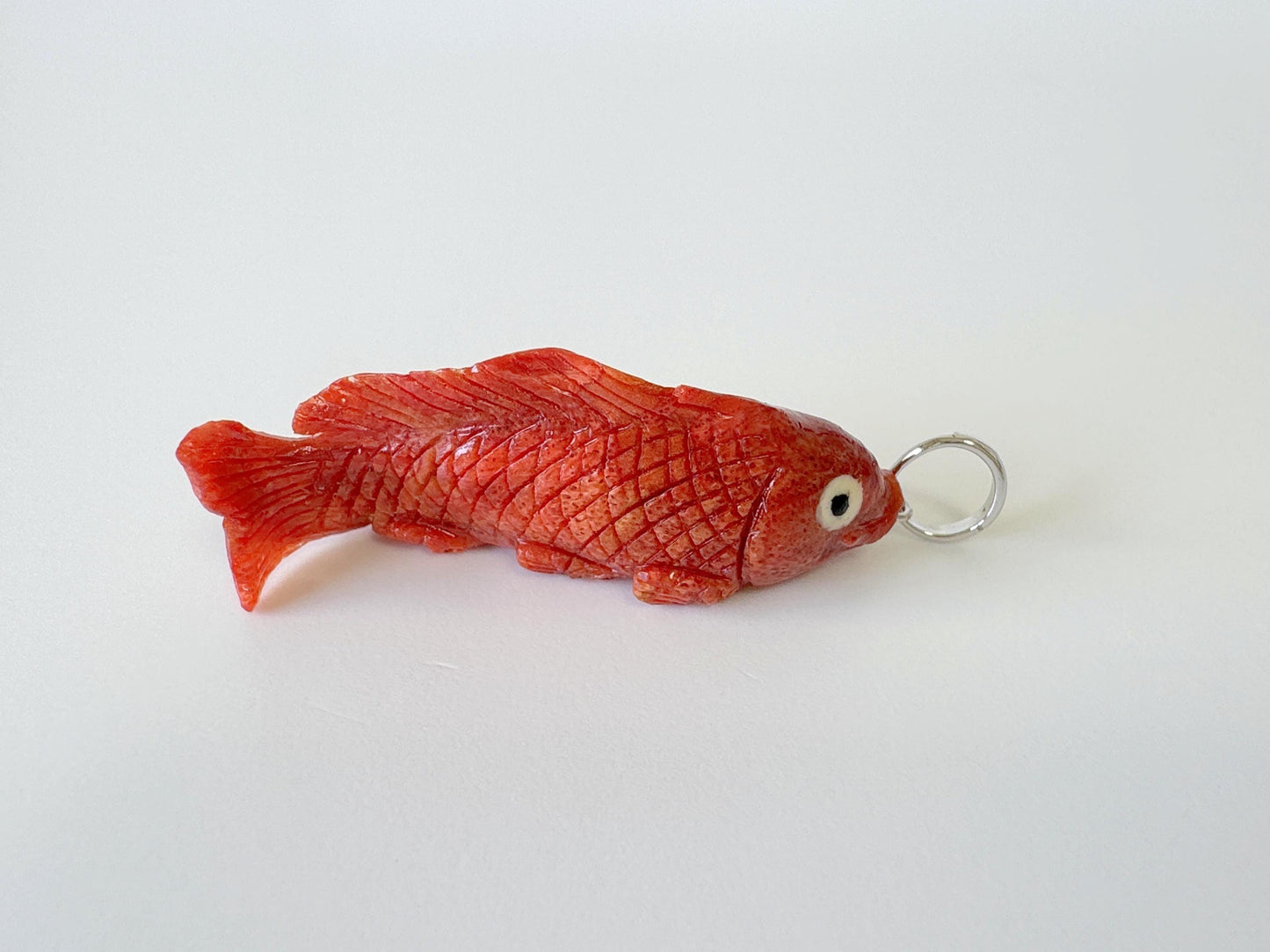 Natural Sponge Coral Carp Carving Pendant, 40mm, Apple Coral Fish Carving, Silver Bail (Rhodium plated)