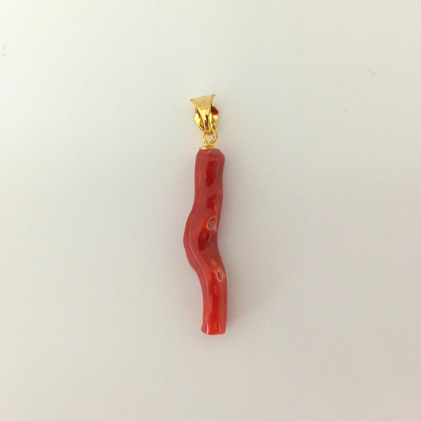 Natural Red (Aka) Coral Branch Pendant, Oxblood, Natural Color Japanese Coral, Length 27mm, Silver bail (gold plated)
