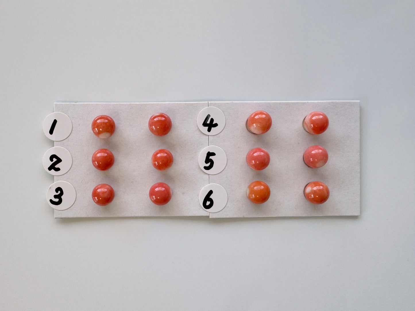 6-6.5mm Half Drilled Natural Japanese Momo Coral Round Loose, Orange coral, for earring sets, natural color, price per pair