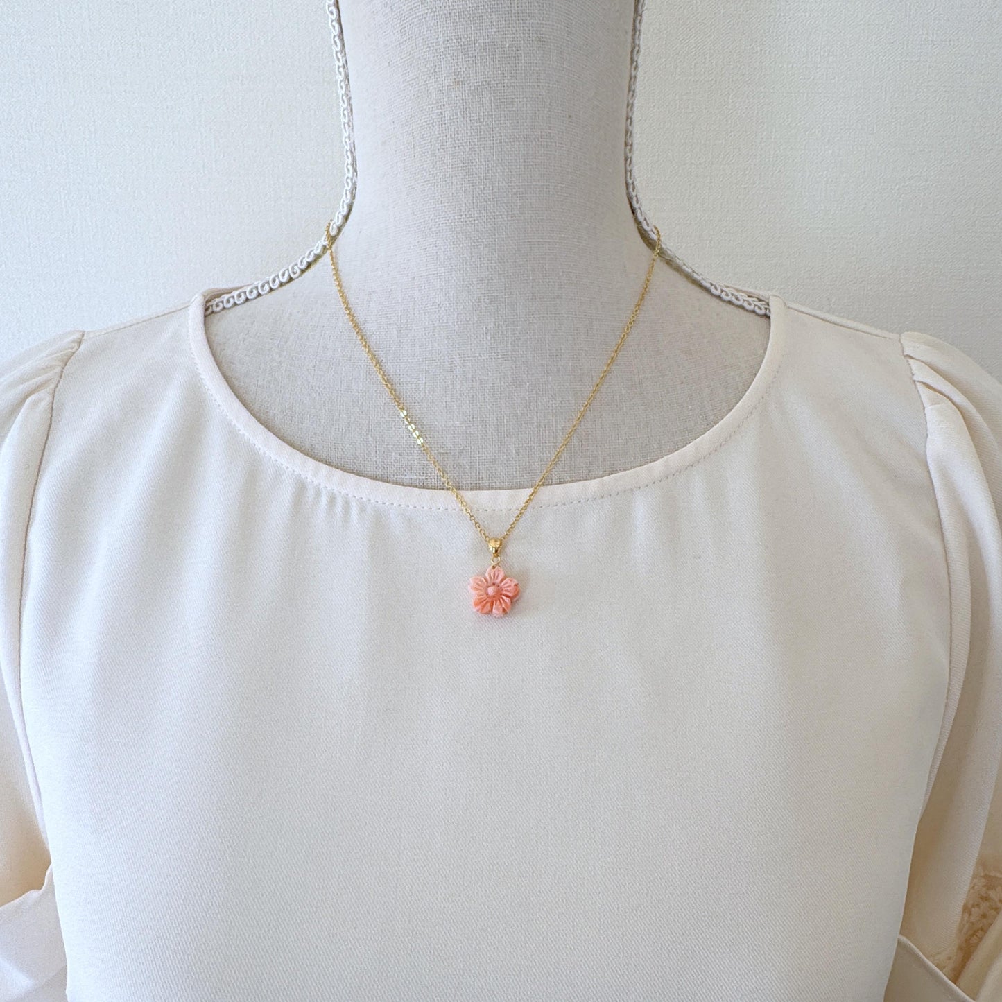 Coral Sakura Pendant: Cherry Blossom Carving, Pink/Orange, Silver Bail