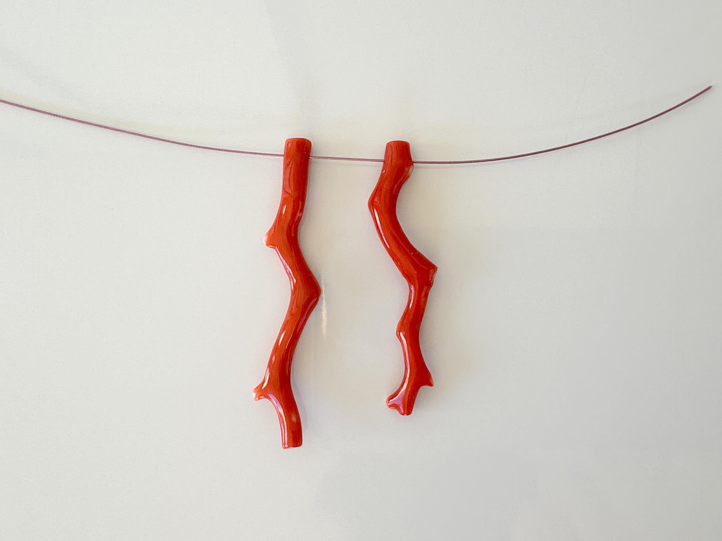 Natural Japanese Momo Coral branches, Set of 2pcs, Natural Dark Orange Color, Side Full-Hole, Genuine Precious Coral, for Jewelry Making