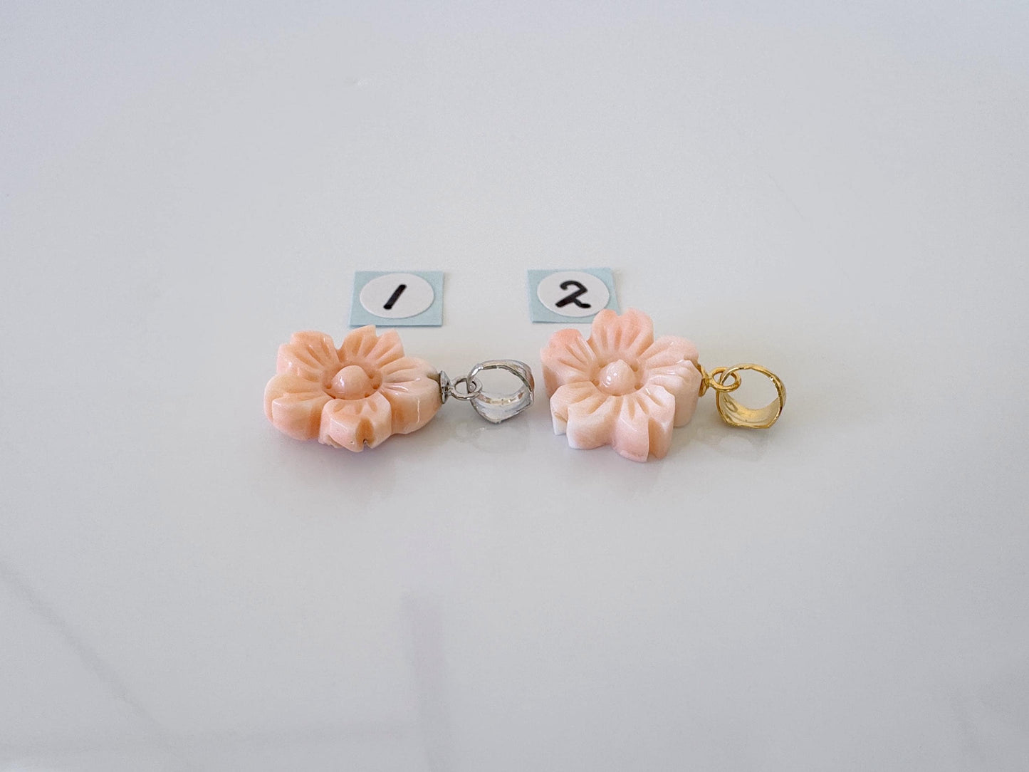 Natural Deep Sea Coral Sakura (Cherry blossom) Carvings, Pendant, Natural color Pink Coral, Silver bail, Price per Piece