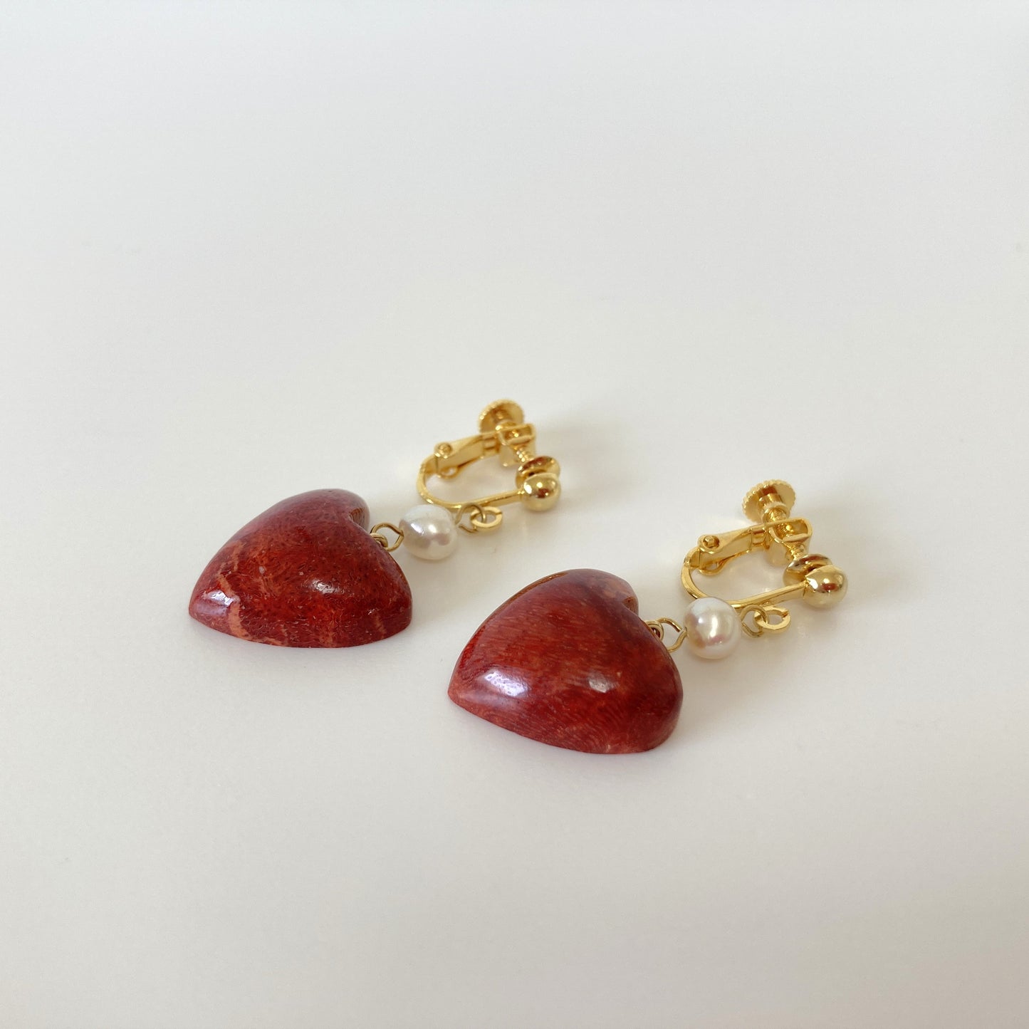 Sponge Coral Stud Earring or Screw Clip Earring, Heart shape natural African coral and fresh water pearl,  Dangle and drop, Genuine coral