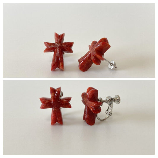 Sponge Coral 19x15mm Cross Stud Earring or Screw Clip Earring, natural African coral