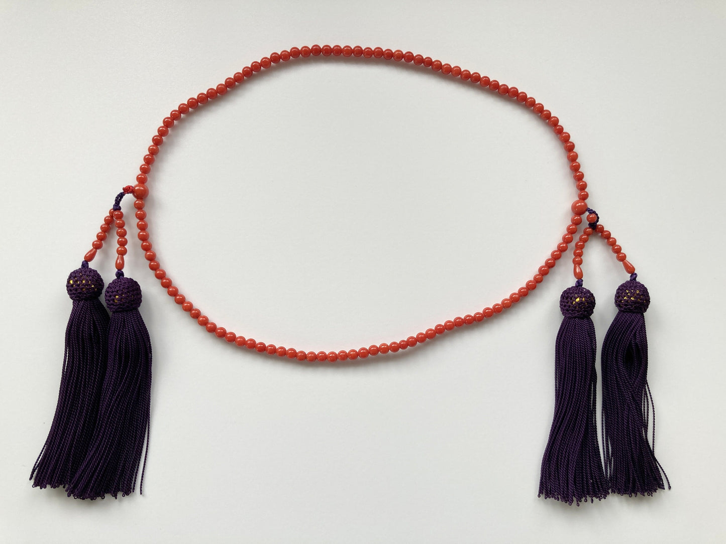 Japanese Rosary, Coral Prayer Beads, Natural Mediterranean Red Coral, 4.5-4.7mm Round Beads, 108 Pcs., Pure Silk, Japanese Style Rosary