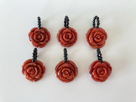 Genuine Sponge Coral Rose Pendant with Onyx Bail / African Coral / Diameter of 20-23mm / Natural Reddish-Brown Color / Price per Piece