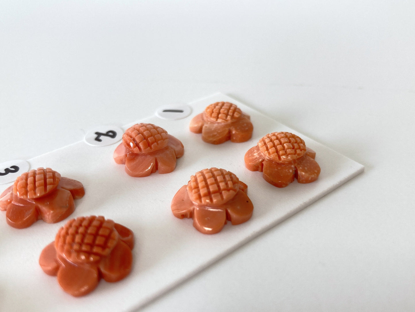 Natural Momo Coral Flower Carving, Japanese Orange Coral Flower Carvings, Natural Color, Half-Drilled Hole at Back, Price per Pair