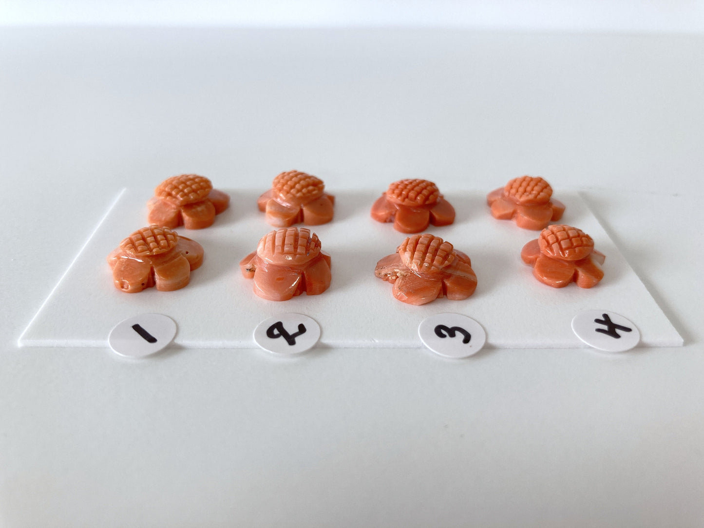 Natural Momo Coral Flower Carving, Japanese Orange Coral Flower Carvings, Natural Color, Half-Drilled Hole at Back, Price per Pair