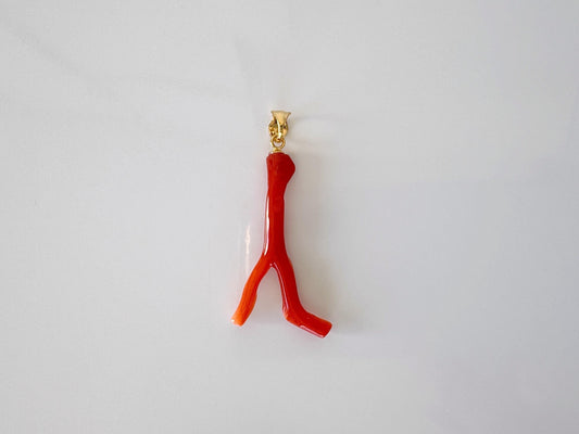 Natural Japanese Red Coral Branch Pendant, Aka Coral Branch, Length 35mm, Natural Color Japanese Red Coral, Silver (Gold-plated) Bail