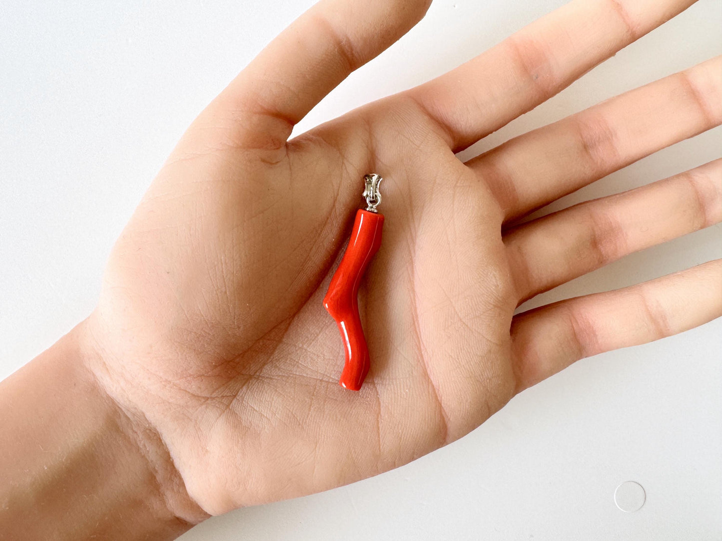 Momo Coral Branch Pendant: Japanese Coral Jewelry, Vermilion Orange (37mm, Rhodium-Plated Silver Bail)