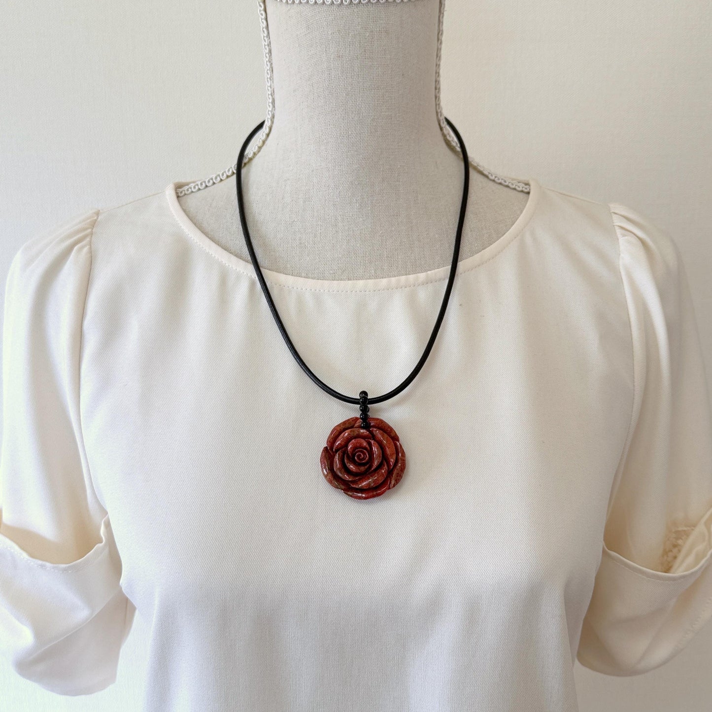 Sponge Coral Rose Pendant: 40mm Reddish-Brown Gemstone with Onyx Bail