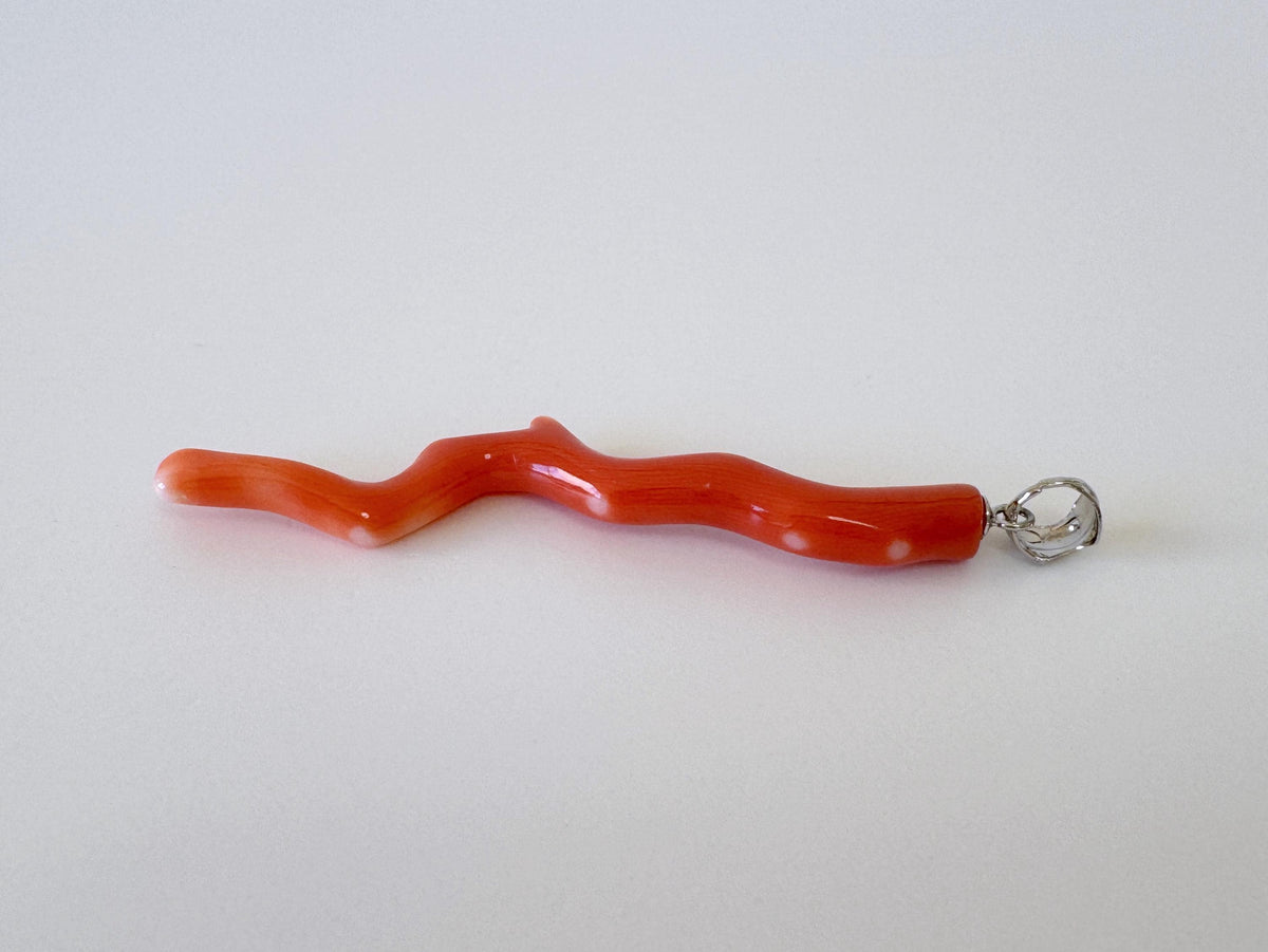 Momo Coral Branch Pendant Natural Jewelry, Japanese Orange Coral (55mm Length, Rhodium-Plated Silver Bail)