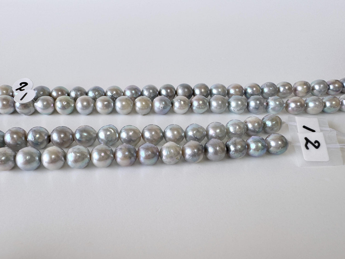 Japanese Akoya Pearl Strand - Cultured Semi-Round Beads - Natural Blue Silver Color, 7-7.5mm Size, Full 40cm Length + Additional 4 pcs