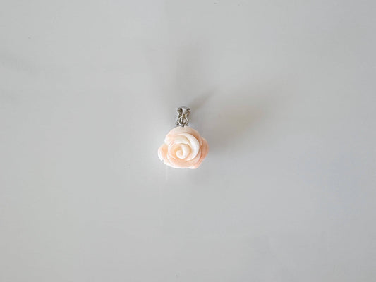 Deep Sea Coral Rose carved Pendant, 12.4x14.6mm, Natural White/Pink Color Coral, Silver (rhodium plated) bail, Genuine Coral Pendant