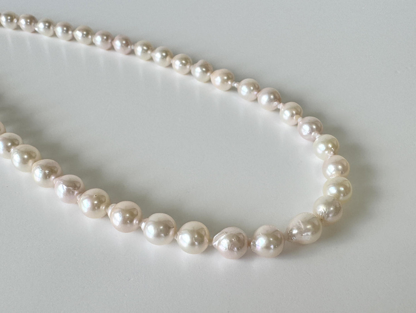 Japanese Akoya Pearl - Baroque Necklace - White Pink Overtone, 7-7.5mm Cultured Pearls, Silver Clasp, 45cm