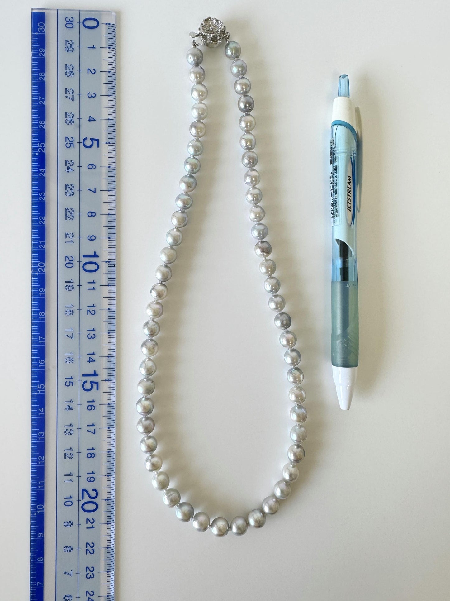 Japanese Akoya Pearl : Natural Blue Silver Color - Cultured Saltwater Pearls, 7-7.5mm Beads, Silver Clasp Necklace, 45cm