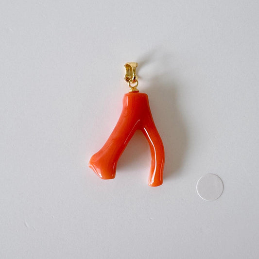 Natural Red (Aka) Coral Branch Pendant, Vermilion Natural Color Japanese Coral, Length 25mm, Silver bail (gold plated)
