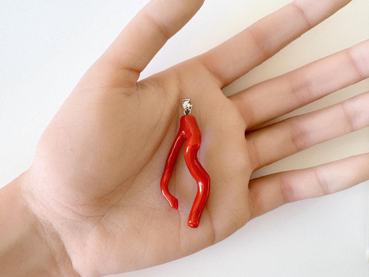 Momo Coral Branch Pendant: Japanese Coral Jewelry, Vermilion Orange (44mm, Rhodium-Plated Silver Bail)