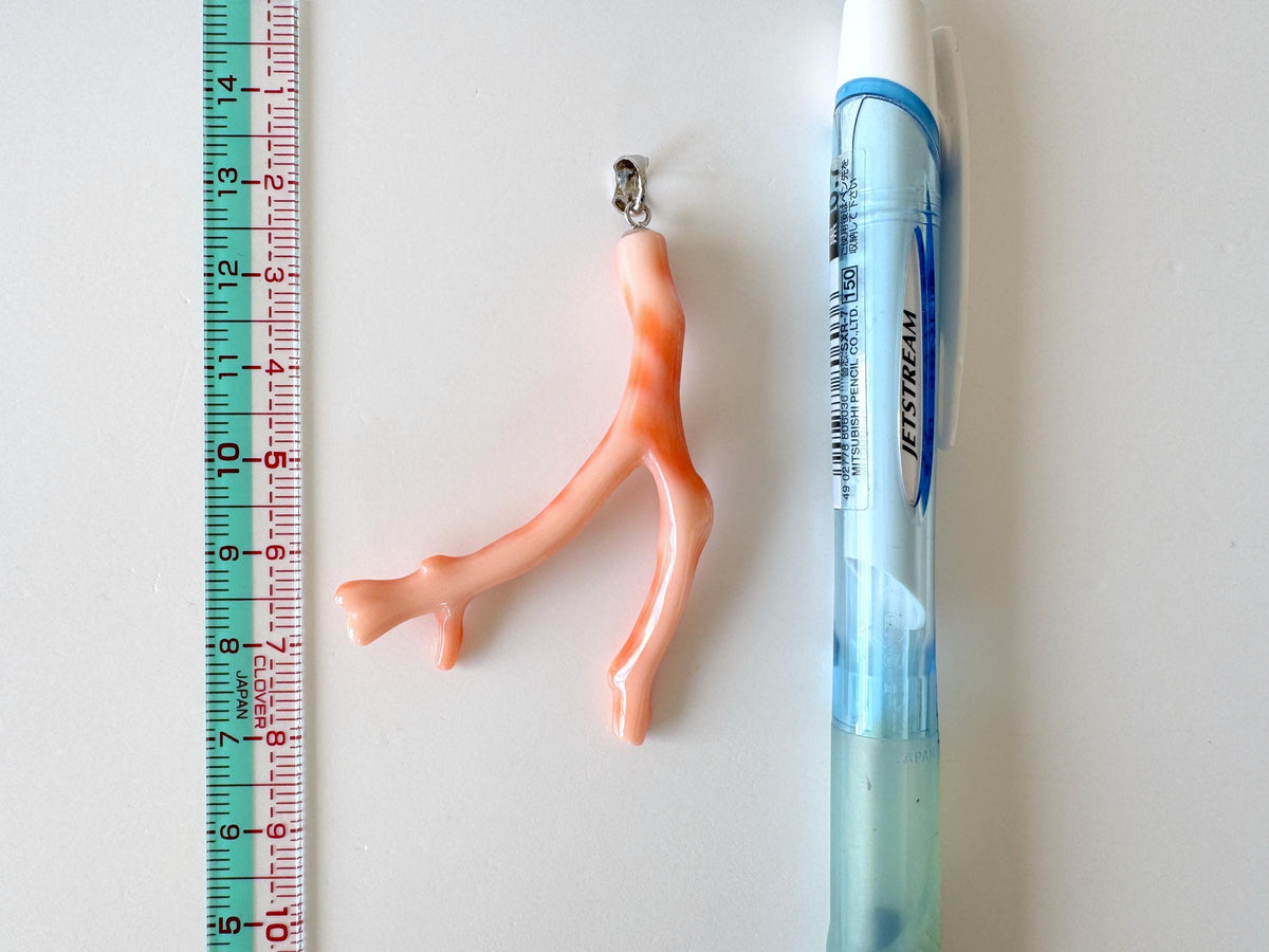 Coral Branch Pendant - Natural Deep Sea Coral Jewelry - Pink Orange Branch, Rhodium-Plated Silver Bail, 54mm Length