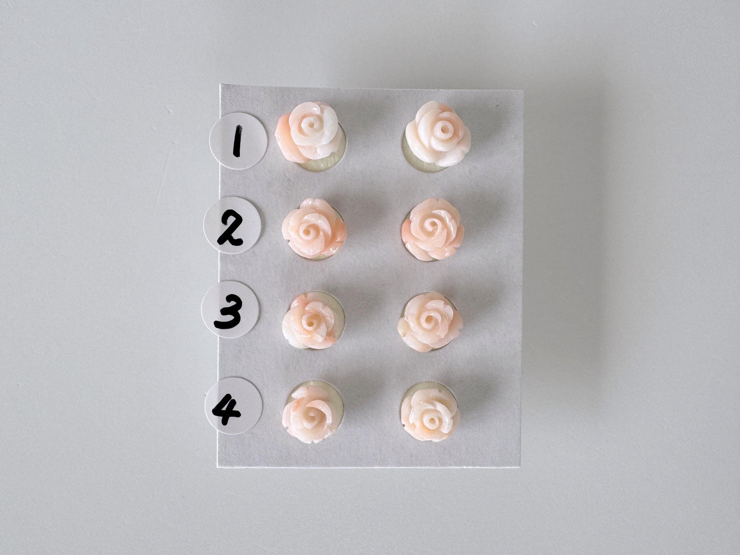 Hand-Carved Coral Rose Stud Earrings: Titanium Posts, Pink & White