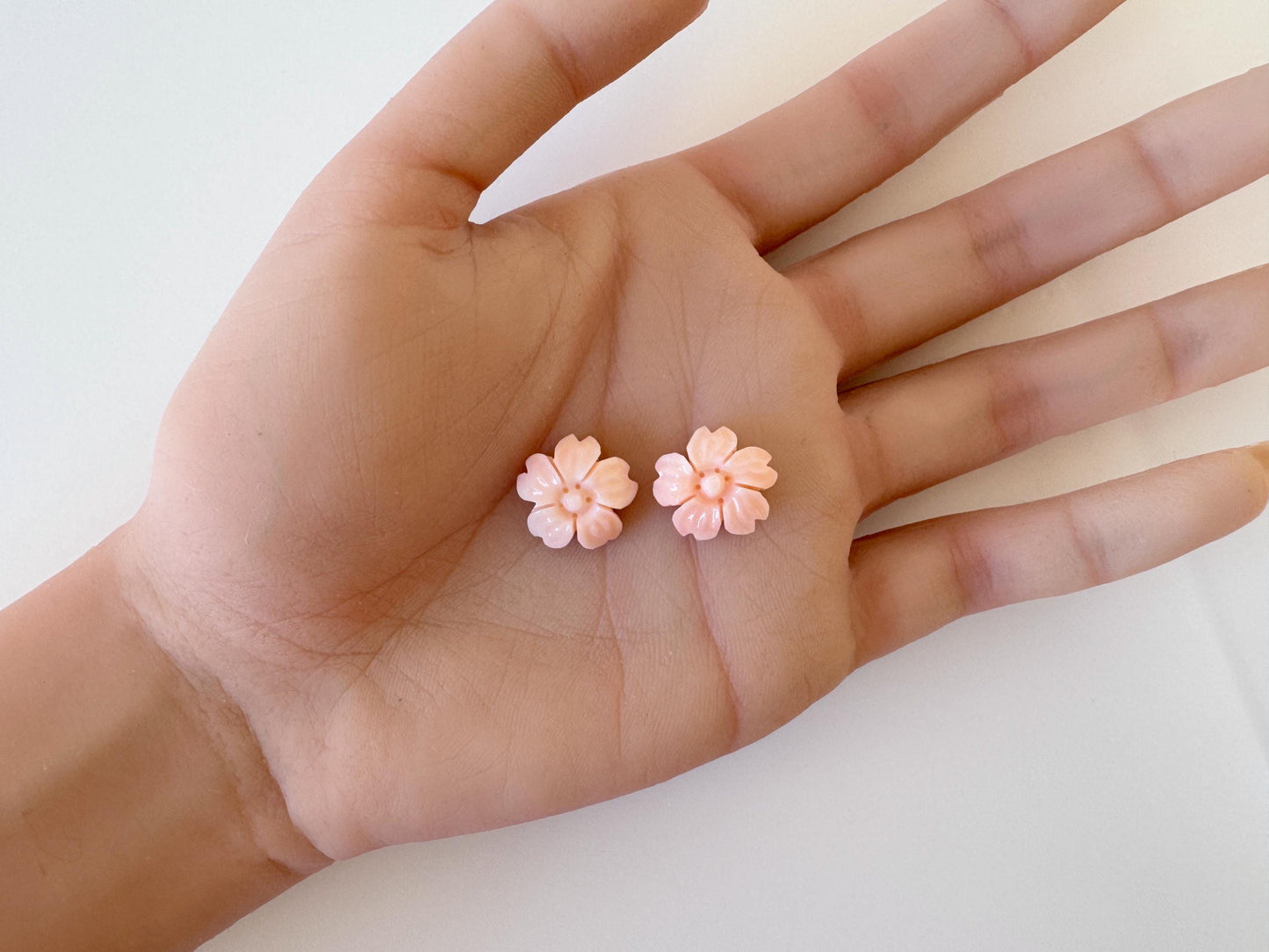 Natural Deep Sea Coral Pink Cherry Blossom Carving Pair – 14.5mm Sakura